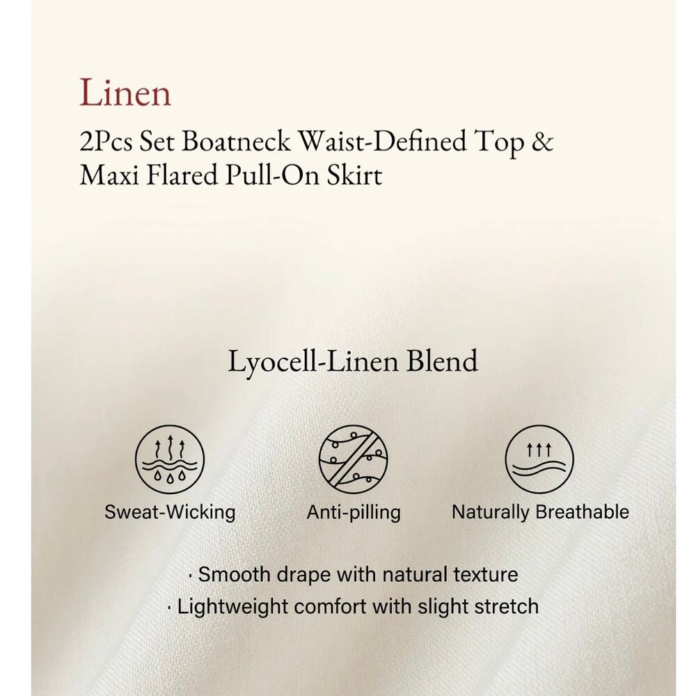 OGL Linen 2Pcs Boatneck Waist-Defined Top & Maxi Flared Skirt Small - Picture 8 of 13